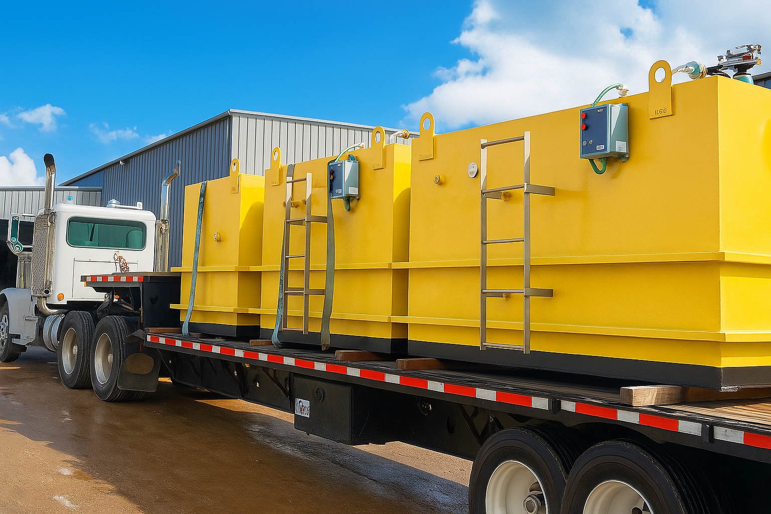 Camión rojo de plataforma larga transportando un gran decantador amarillo de la marca 'SYVERTECH' para el tratamiento de aguas residuales complejas, estacionado en una calle urbana con edificios y cielo despejado al fondo. - ver detalles